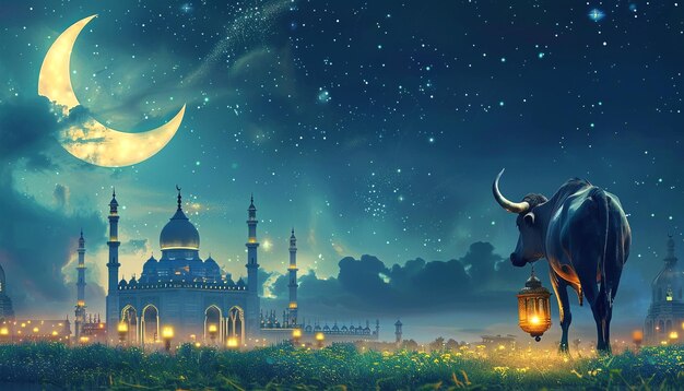 Eid Al Adha background crescent small moon and cow with traditional lantern lamp