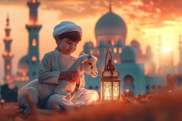 이드 알 아다 (Eid Al Adha) 배경 작은 소년은 아름다운 모스크와 전통적인 등불로 양 양을 들고 있습니다.
