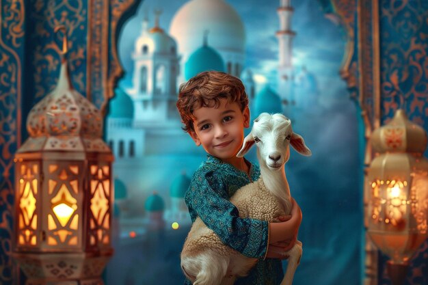 Eid Al Adha background little boy holding ram sheep with beautiful mosque and traditional lantern