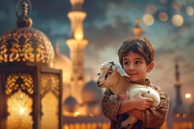 Eid Al Adha background little boy holding Sheep with beautiful mosque and traditional lantern