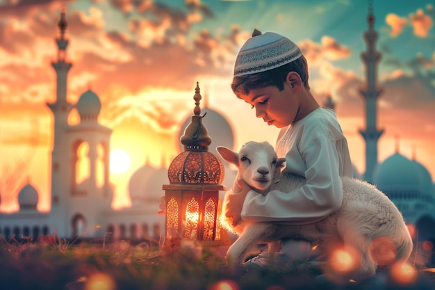 Eid Al Adha background little boy holding Sheep with beautiful mosque and traditional lantern