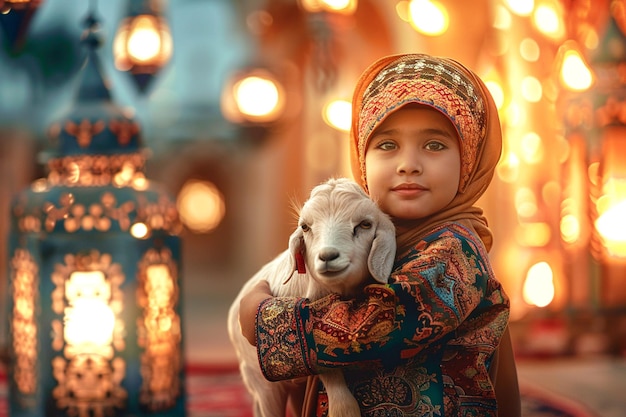 Eid Al Adha background little girl holding Sheep with beautiful mosque and traditional lantern