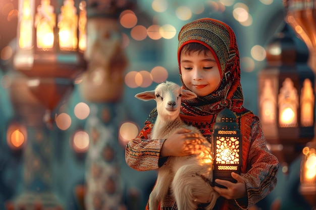 Eid Al Adha background little girl holding Sheep with beautiful mosque and traditional lantern