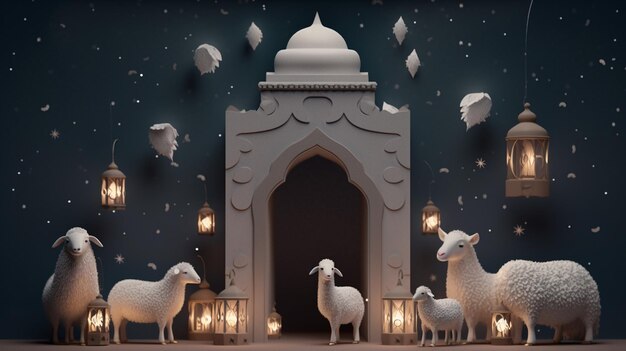 Eid al adha background sheep front of mosque generative ai