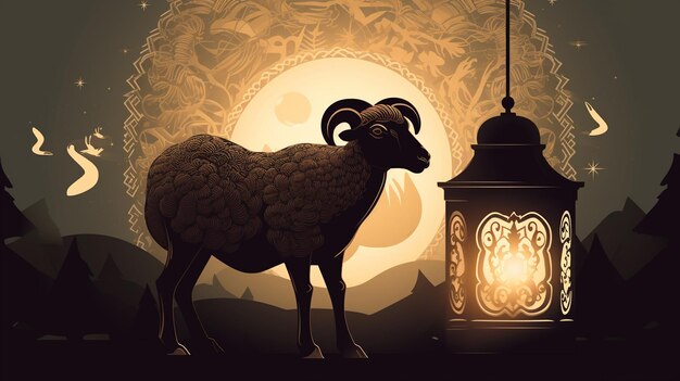 Eid al adha background sheep front of mosque generative ai