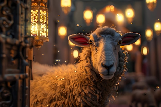 Eid al adha background sheep with islamic lantern in the background Eid al adha greeting card design