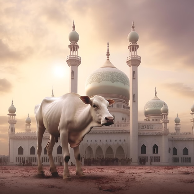 Eid al adha background with cow and mosque