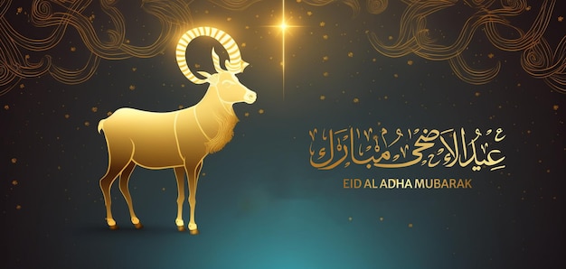 Eid al adha background with glittery goat and arabic calligraphy