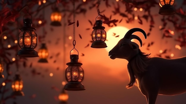 Eid al adha background with goat mosque with lanterns generative ai