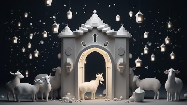 Eid al adha background with goat mosque with lanterns generative ai