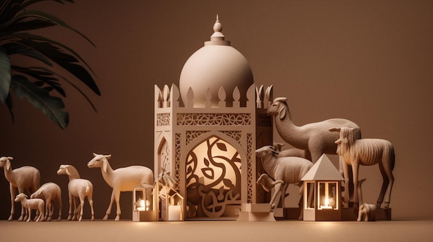 Eid al adha background with goat mosque with lanterns generative ai