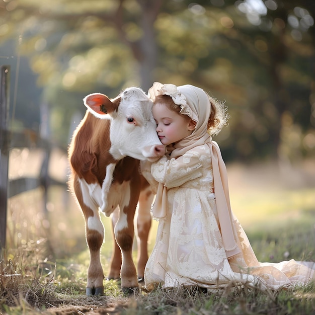 Eid al adha celebration post with little girl and cow for design Eid Al Adha greeting card