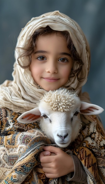 Eid al adha celebration post with little girl and sheep for design Eid Al Adha greeting card