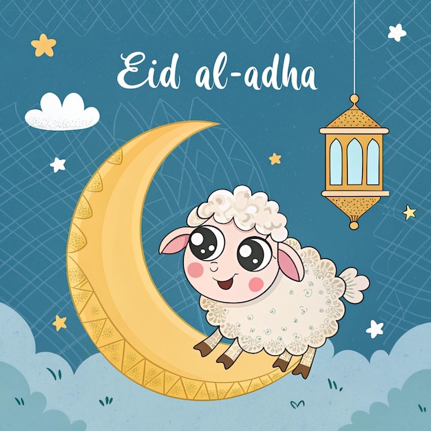 eid al-adha celebration with cute sheep and crescent moon