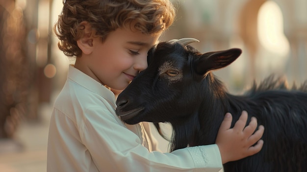 Foto eid al adha concept met arabische kleine jongen en zwarte geit