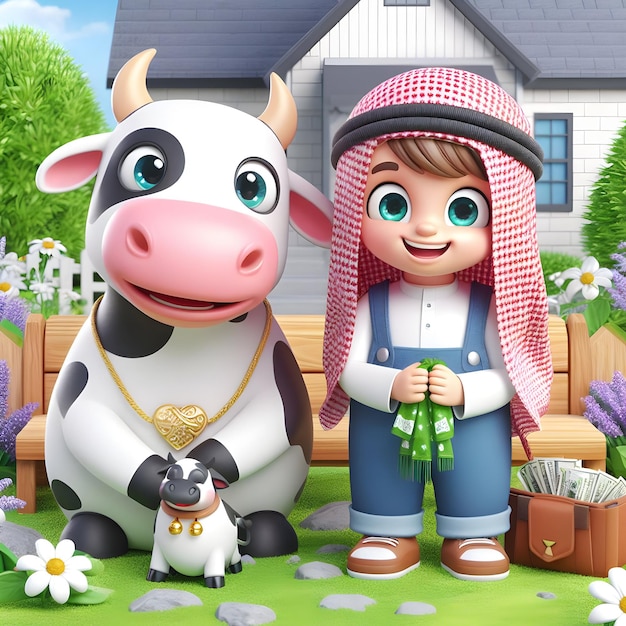 Eid al adha cow and boy saudi 3d cartoon