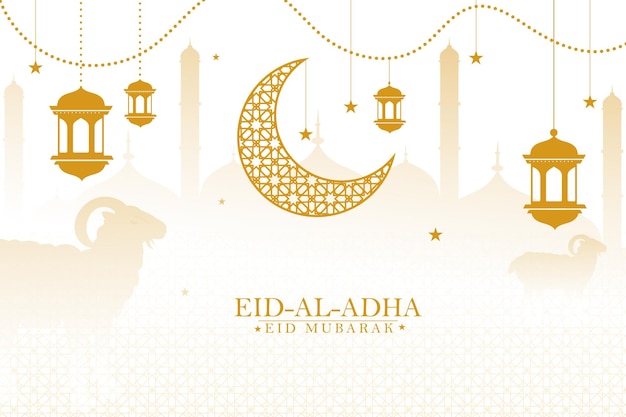 Eid al Adha festival achtergrondontwerp met schapen halve maan lantaarn moskee en ster