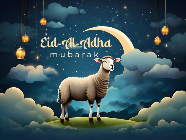 Eid Al Adha festivalSocial Media Post Greeting card with sacrificial sheepgoat and CamelEid Muba