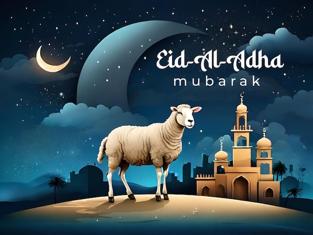 Eid Al Adha festivalSocial Media Post Greeting card with sacrificial sheepgoat and CamelEid Muba