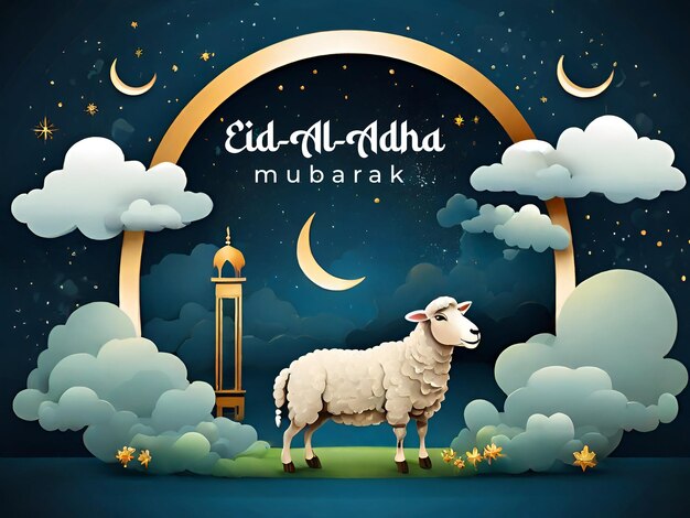 Eid Al Adha festivalSocial Media Post Greeting card with sacrificial sheepgoat and CamelEid Muba