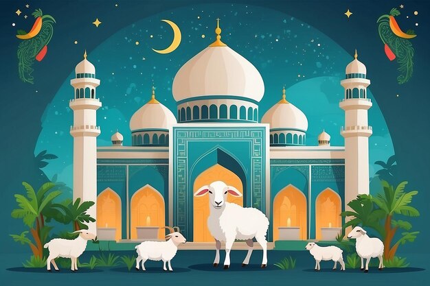 Photo eid al adha flat vector illustration with goat or sheep animal and mosque sacrifice animal