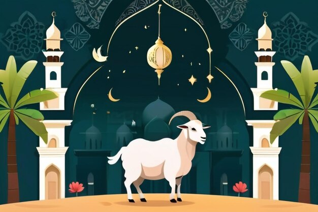 Photo eid al adha flat vector illustration with goat or sheep animal and mosque sacrifice animal