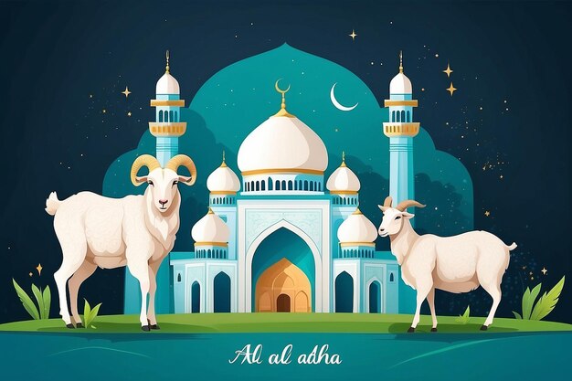 Photo eid al adha flat vector illustration with goat or sheep animal and mosque sacrifice animal