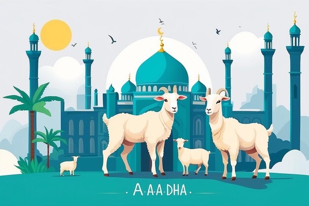 Photo eid al adha flat vector illustration with goat or sheep animal and mosque sacrifice animal