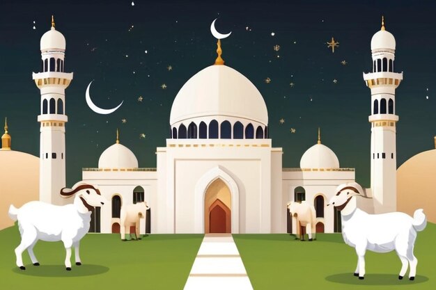 Photo eid al adha flat vector illustration with goat or sheep animal and mosque sacrifice animal