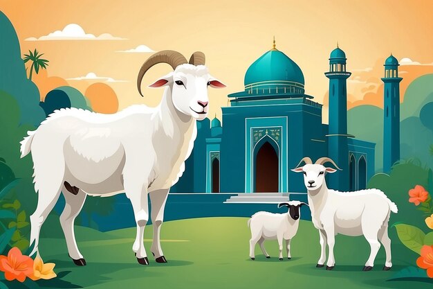 Photo eid al adha flat vector illustration with goat or sheep animal and mosque sacrifice animal