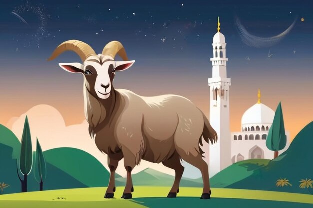 Photo eid al adha flat vector illustration with goat or sheep animal and mosque sacrifice animal