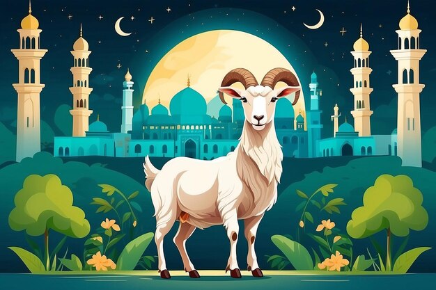 Photo eid al adha flat vector illustration with goat or sheep animal and mosque sacrifice animal