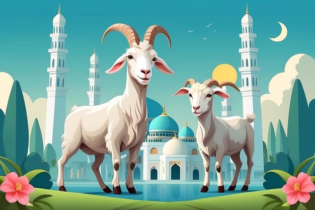 Photo eid al adha flat vector illustration with goat or sheep animal and mosque sacrifice animal