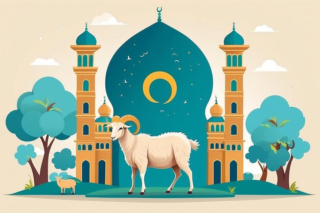 Photo eid al adha flat vector illustration with goat or sheep animal and mosque sacrifice animal