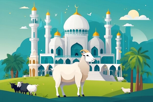 Photo eid al adha flat vector illustration with goat or sheep animal and mosque sacrifice animal