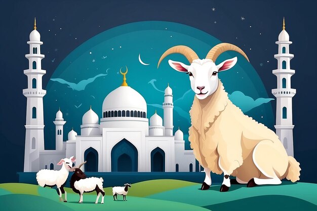 Photo eid al adha flat vector illustration with goat or sheep animal and mosque sacrifice animal