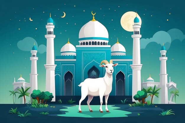 Photo eid al adha flat vector illustration with goat or sheep animal and mosque sacrifice animal