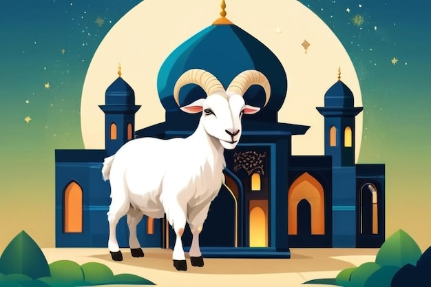 Photo eid al adha flat vector illustration with goat or sheep animal and mosque sacrifice animal