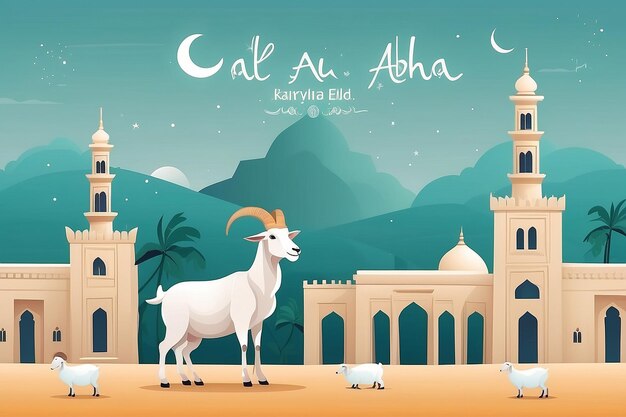 Photo eid al adha flat vector illustration with goat or sheep animal and mosque sacrifice animal