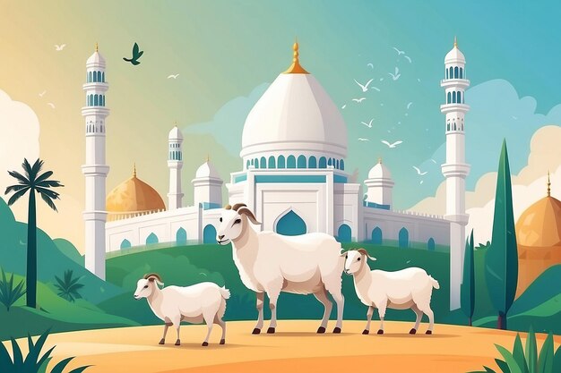 Photo eid al adha flat vector illustration with goat or sheep animal and mosque sacrifice animal