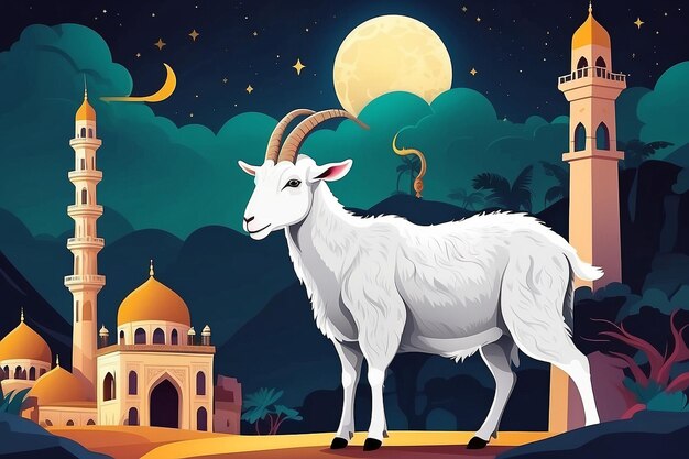 Photo eid al adha flat vector illustration with goat or sheep animal and mosque sacrifice animal