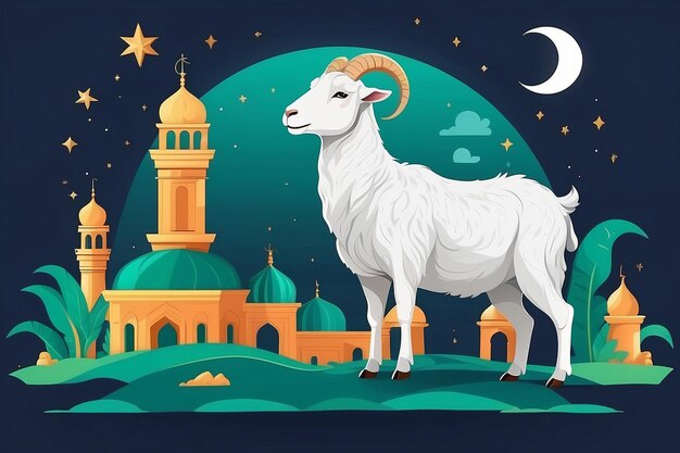 Photo eid al adha flat vector illustration with goat or sheep animal and mosque sacrifice animal