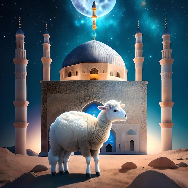 Eid Al Adha Greeting Background with Mosque and Sheep