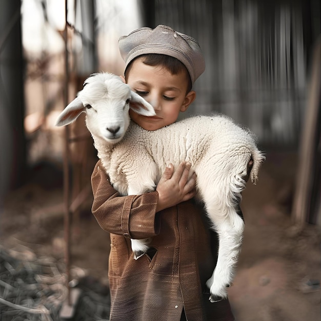 Photo eid al adha greeting background with sheep and little boy happy eid al adha background