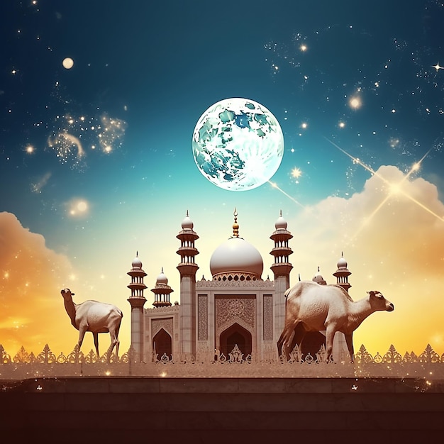 Eid Al Adha Greeting Background with sheep and mosque ornament