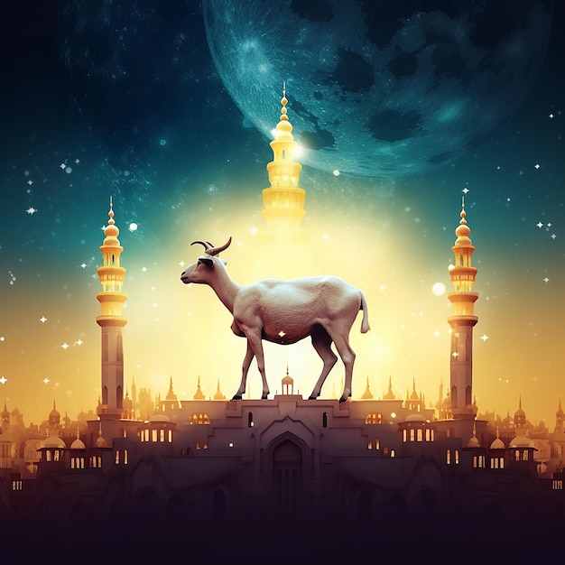 イード・アル・犠牲祭の挨拶の背景に羊とモスクの飾り