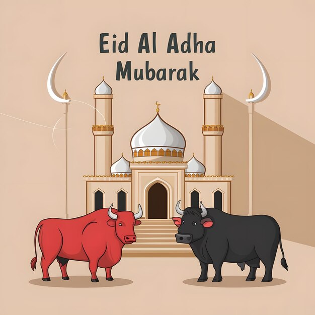 Photo eid al adha greeting card with mosque and bull