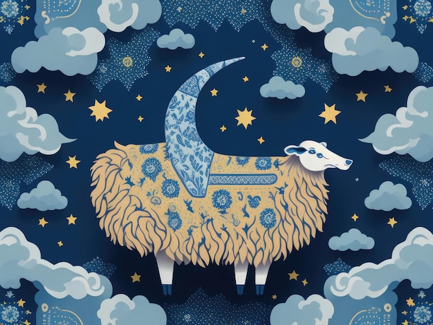 Eid al adha illustratie van een schaap in de nachtelijke hemel met wolken en sterren