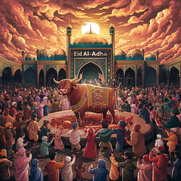 Photo eid al adha illustration a large crowd of people are gathered in a large room with elephant on it