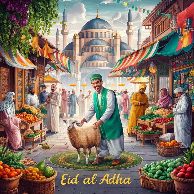 Photo eid al adha illustration photo a man is holding a sheep and a basket of fruit